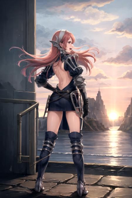01272-3725919872-masterpiece, ultra high quality cg, best quality, cherche_def, looking at viewer, smile, open mouth, sunset, gloves, dress, stan.png